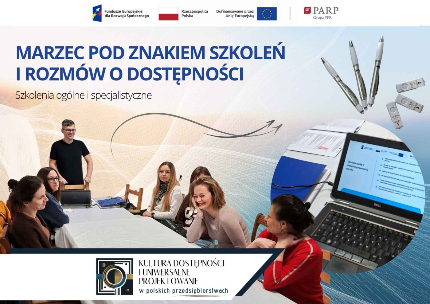 Uczestnicy szkolenia i trener, materiały szkoleniowe, prezentacja ze szkolenia i tekst "Marzec pod znakiem szkoleń i rozmów o dostępności".